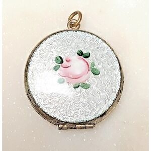 Vintage Guilloche Enamel Flower Locket Round Charm White Pink Rose
